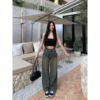 ⭐919JEANS⭐กางเกงยีนส์สีเขียวสนิม กระบอกใหญ่ กางเกงยีนส์ทรงตรง ผ้ายีนส์ ไม่ยืด
