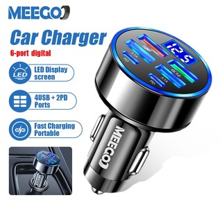 MeeGoo ที่ชาร์จในรถยนต์ 6พอร์ต หัวชาร์จรถยนต์ USB พอร์ต PD จอแสดงผลดิจิตอล Car Charger Fast Charging