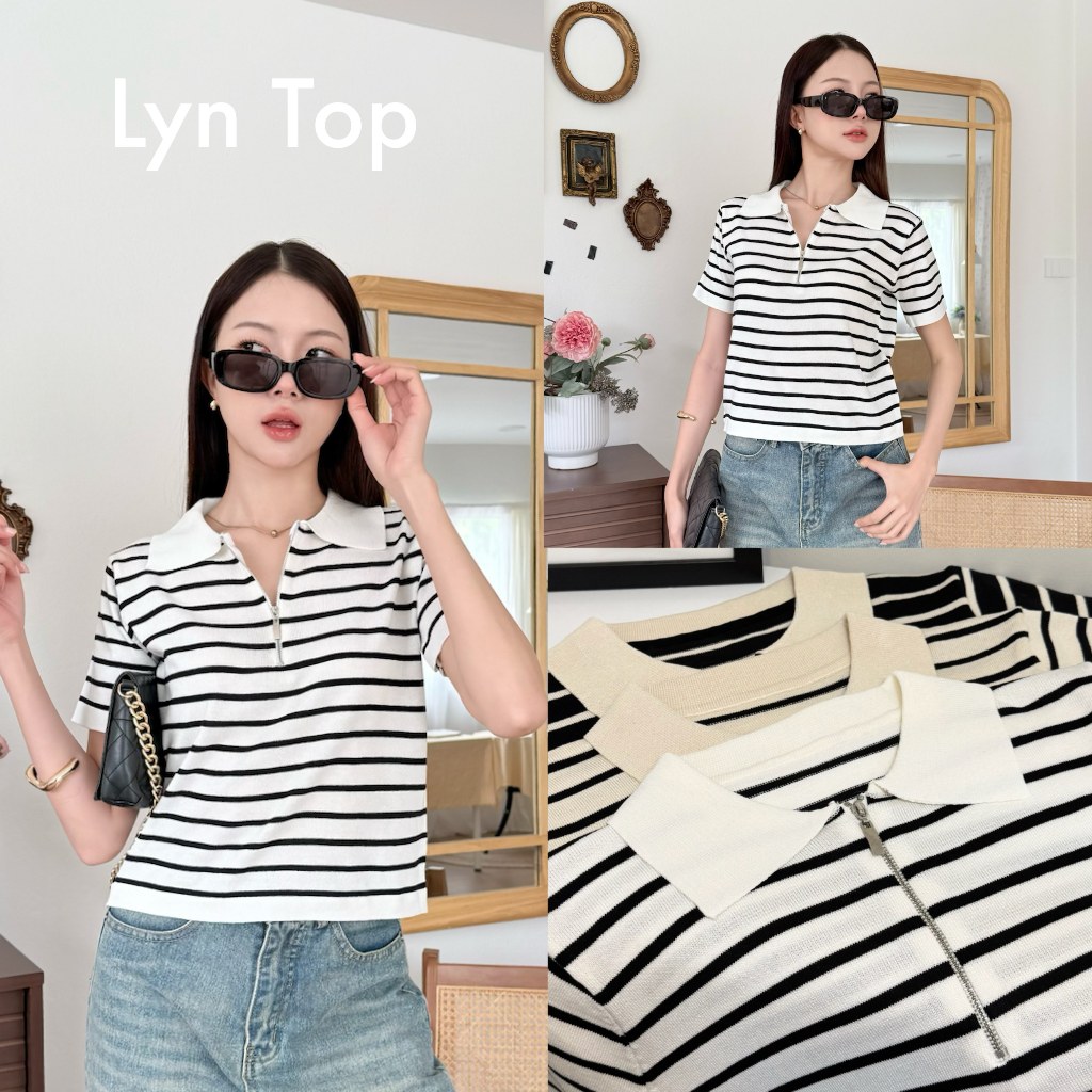 88story.th - Lyn top พร้อมส่ง เสื้อคอปกลายริ้วซิปหน้า