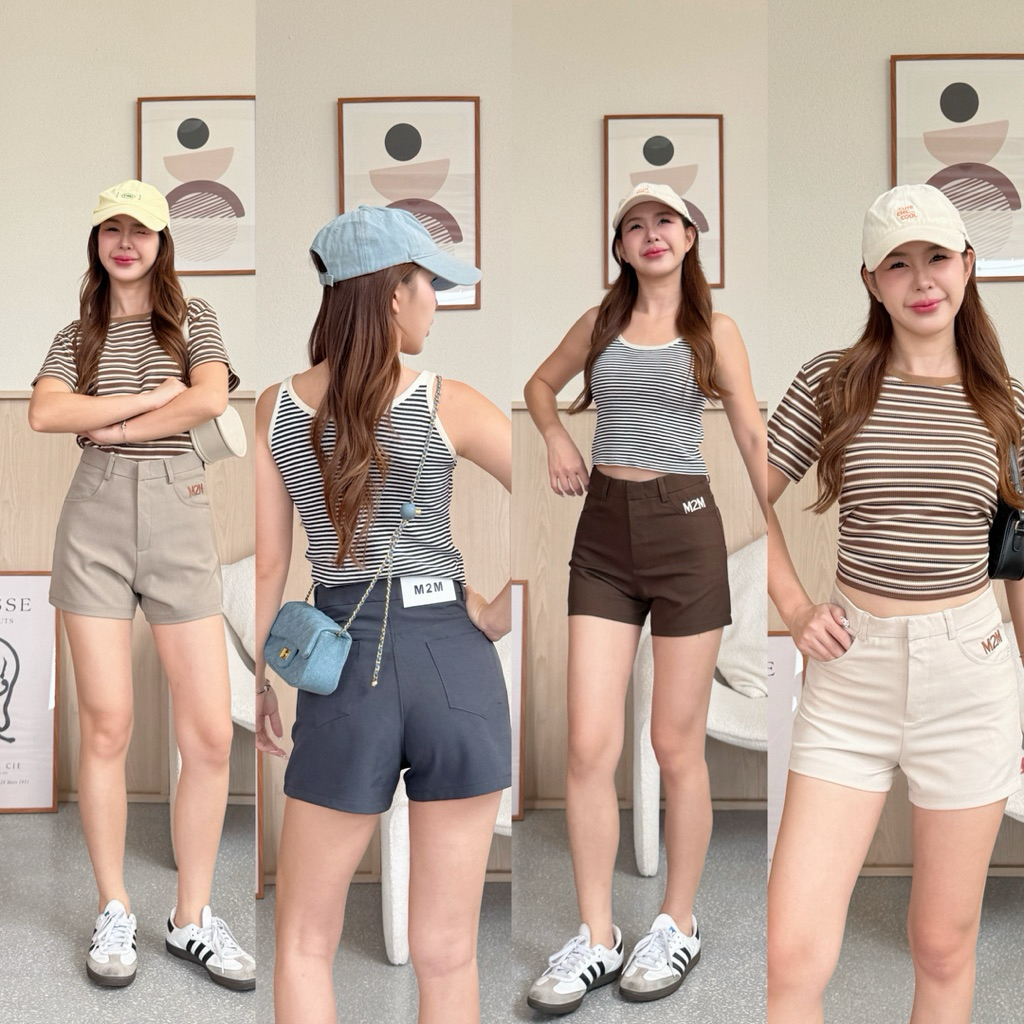 กางเกงขาสั้นปักลายตัวหนังสือM2M งานตะขอหน้า ซิปหน้า เอวสูง