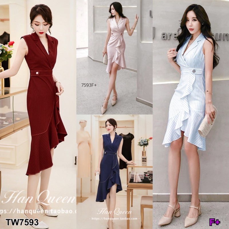 TT7593 ชุดเดรสแขนกุดชายระบายเฉียง