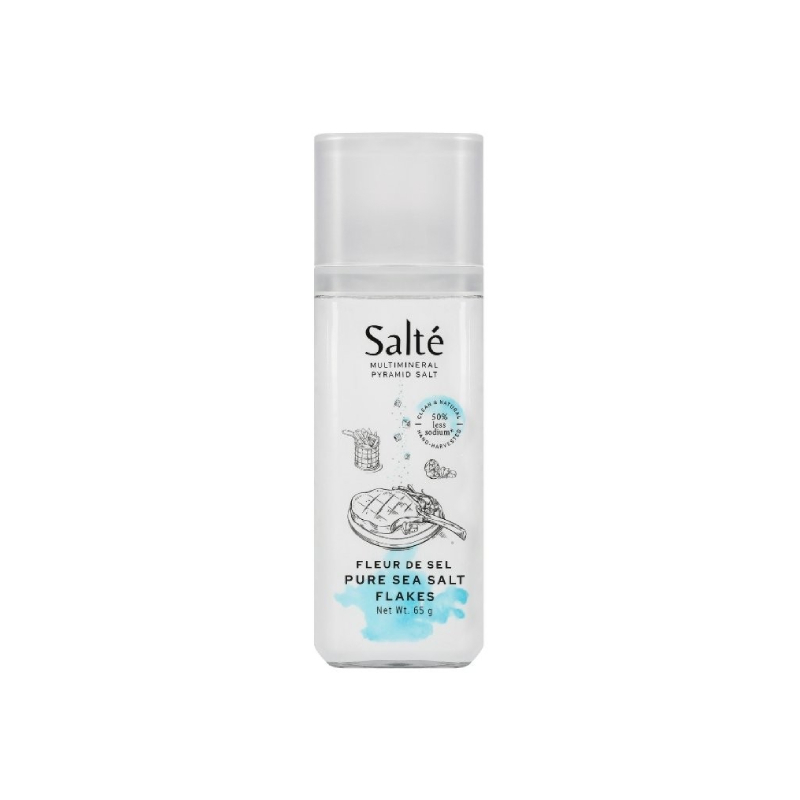 Salte' Pure Sea Salt Flakes ในขวดแก้วพร้อมที่บด ขนาด 65 กรัม