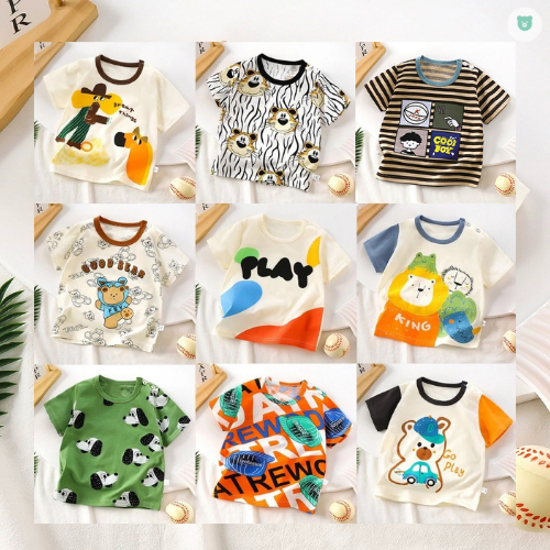 เสื้อเด็กผู้ชายยืดแขนสั้น คอกลม พิมพ์ลายเท่ๆ Size80-120 cm