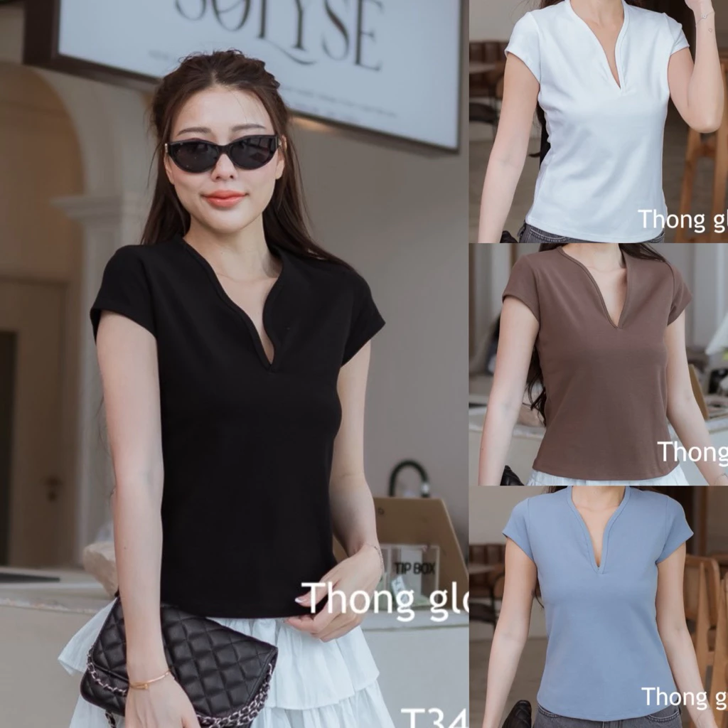 T343 Thong glom เสื้อคอวีกุ้น ผ้ายูนิโคล่เนื้อหนา ดีเทลแขนเต่อ