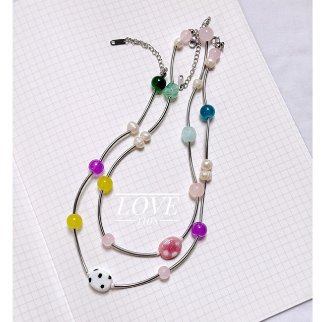 สร้อยคอ handmade ลูกปัดแก้วสีสดใส มุกแท้ และลูกปัดเซรามิค (อะไหล่สแตนเลส ไม่ลอก ไม่ดำ)