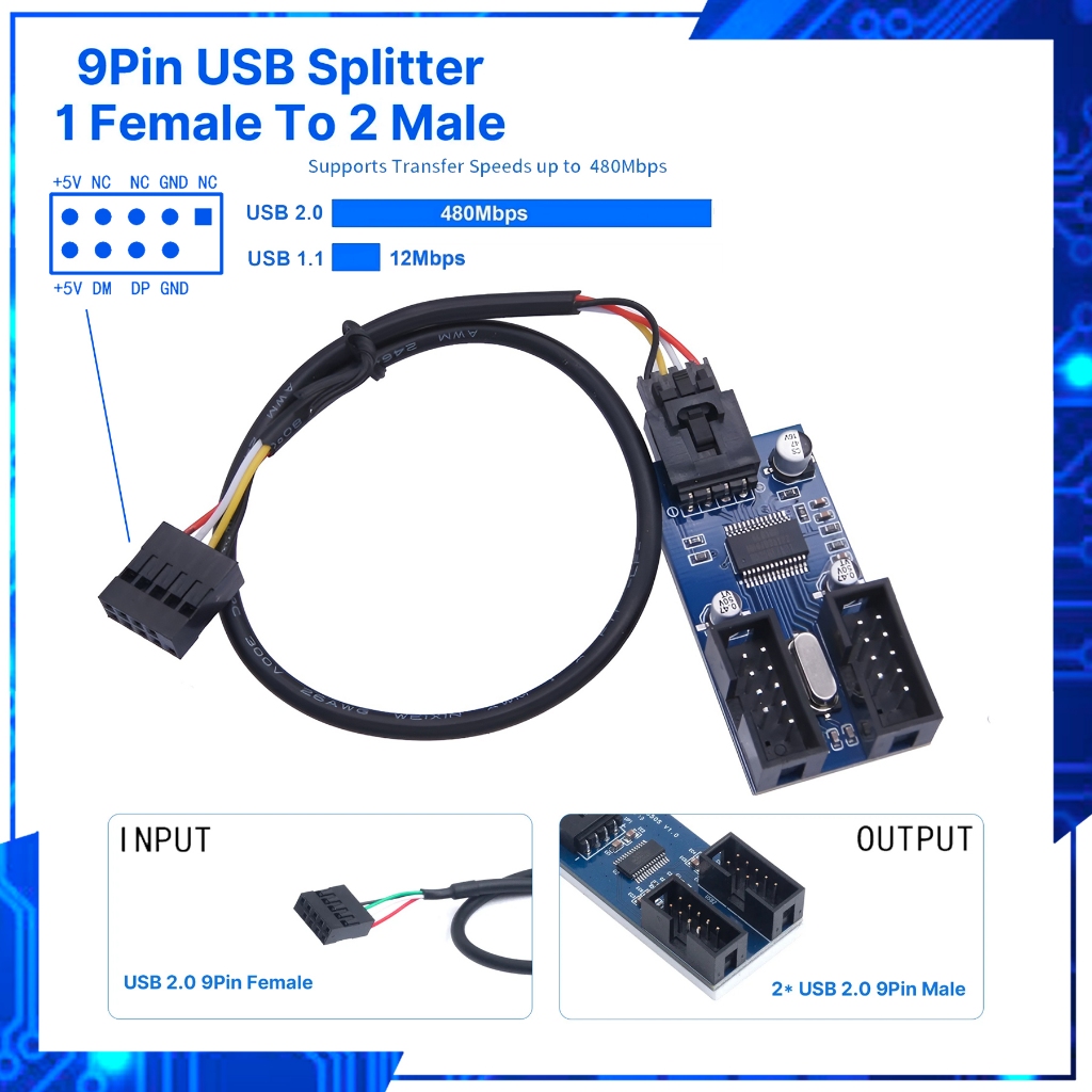 9Pin USB Splitter Motherboard USB Female Interface Header Splitter 1 to 2 Extension Cable Adapter