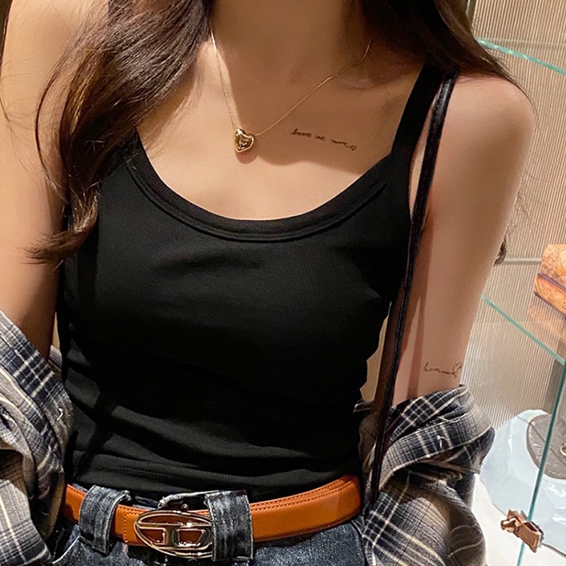 เสื้อเชิ้ตแขนกุด บราในตัว ผ้าเรยอนใส่สบาย เปิดไหล่ สายเอี๊ยมเล็ก รัดรูป สีทึบ เสื้อสายสปาเกตตี้ แฟชั่นยอดนิยม ไม่ร้อน - รูปที่ 2