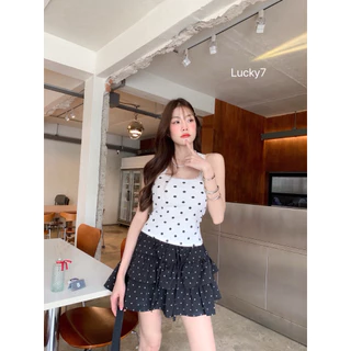 BY IRA ❤️พร้อมส่ง❤️ เสื้อกล้ามแขนกุด ลายจุดแต่งระบายลูกไม้ งานปักที่อก สุดน่ารัก