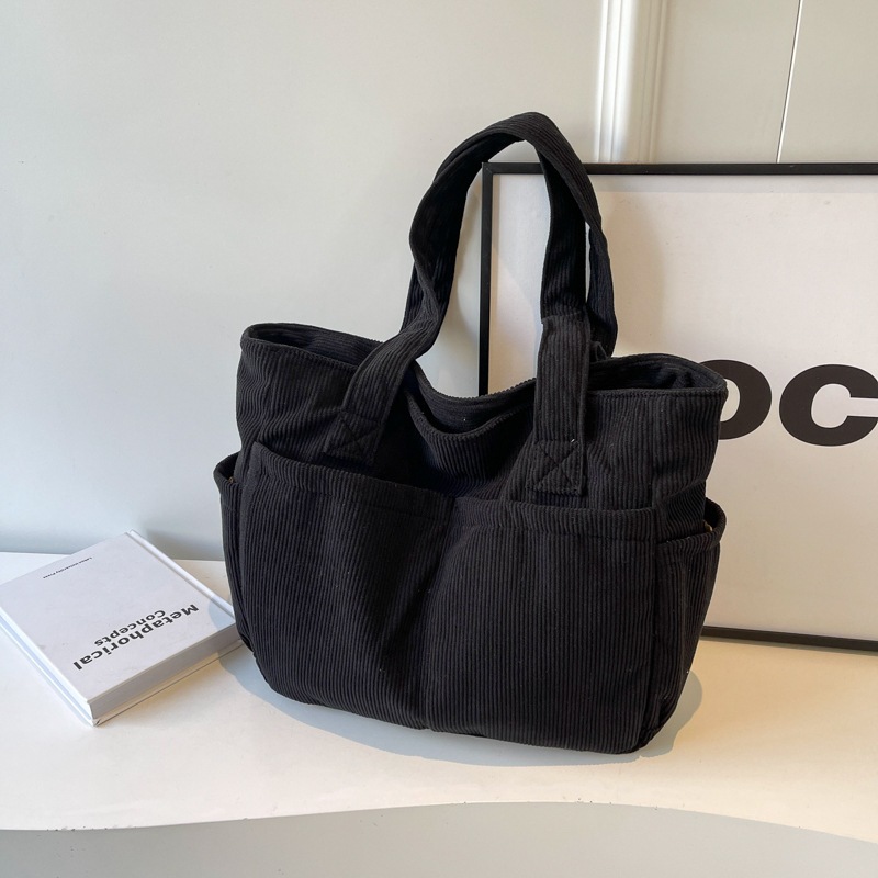 ROSARAกระเป๋าสะพายไหล่ผ้าลูกฟูกทรงสไตล์, กระเป๋าโท้ทขนาดใหญ่สามารถใส่แล็ปท็อปขนาด 15.6 นิ้วได้