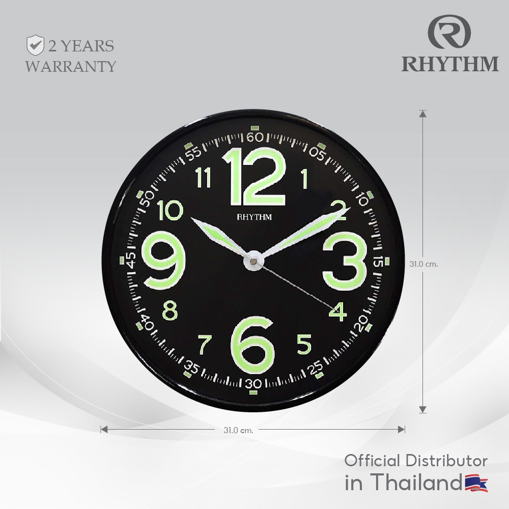 นาฬิกาแขวนผนัง RHYTHM สไตล์โมเดิร์น สีดำ นาฬิกาตกแต่งห้อง เข็มและตัวเลขเรืองแสง ขนาด 31 ซม.-CMG499BR02