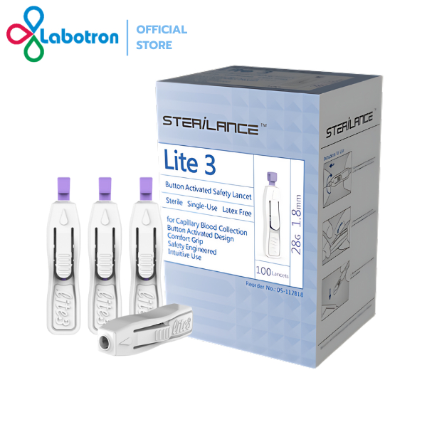 Sterilance Lite 3 เบอร์ 28G เข็มใช้กับปลายนิ้ว (100 ชิ้น/กล่อง)