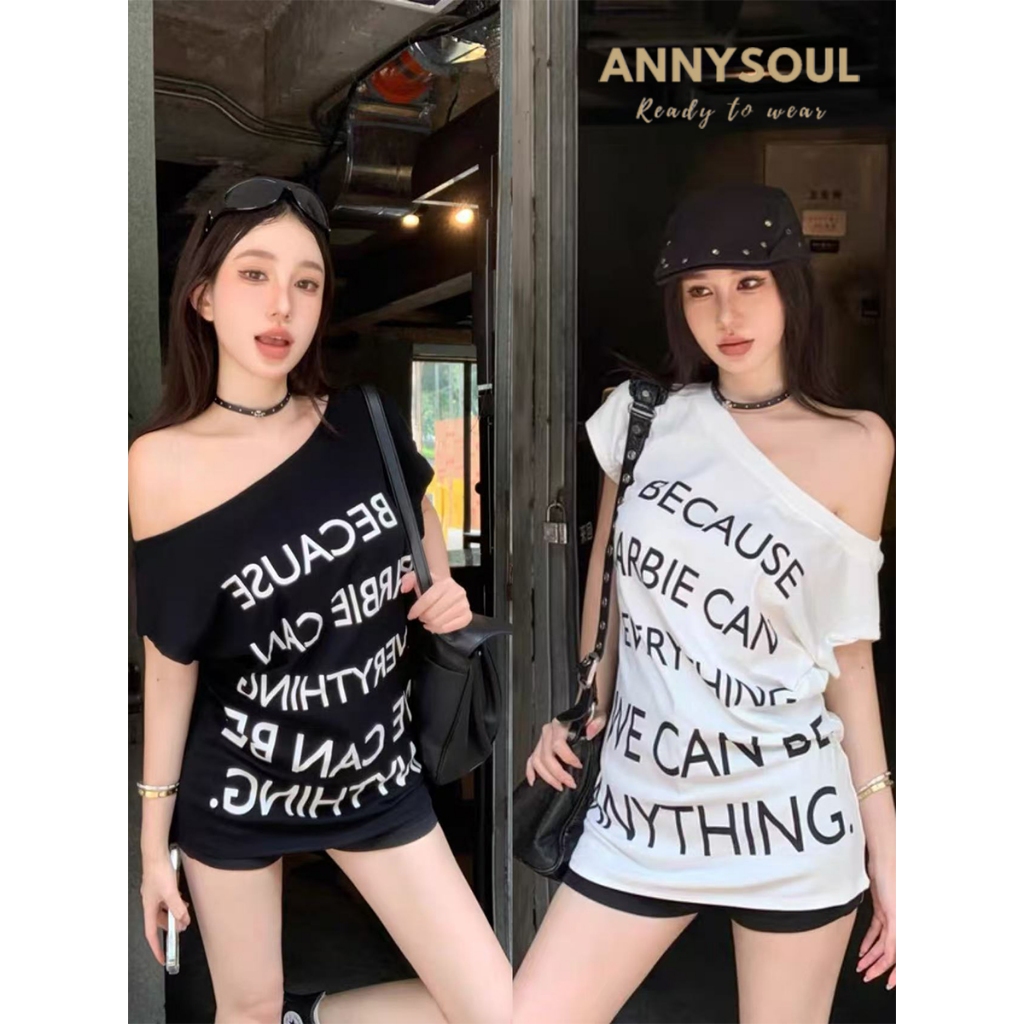 สาวหวาน เสื้อยืดผู้หญิงแขนสั้น ลายตัวอักษร เก๋ๆ เปิดไหล