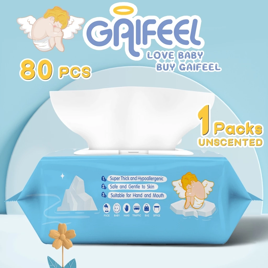 GAIFEEL กระดาษทิชชู่เปียกสำหรับทารกสีฟ้าไม่มีกลิ่น 1 แพ็ค 80 แผ่น