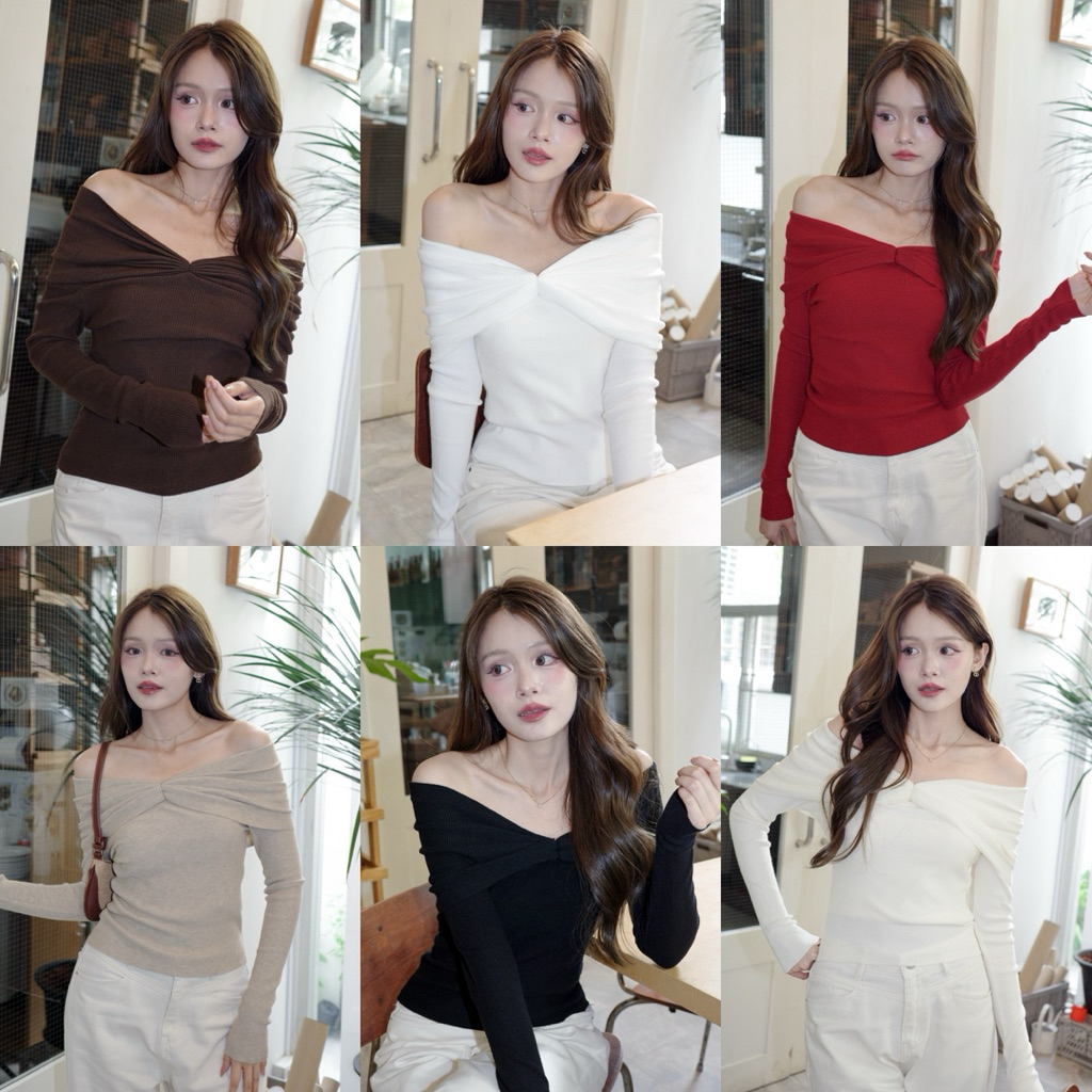 เสื้อไหมพรมผู้หญิง ปาดไหล่ ดีเทลโบว์ ทรงสวย ผ้านุ่ม ใส่สบาย รุ่น Diana Knit Top by BEMYCHIC