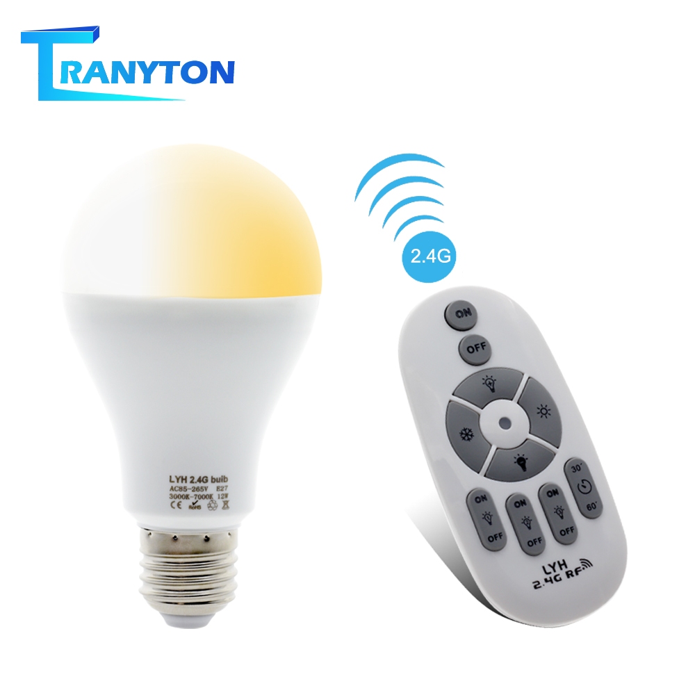 AC100-264V หลอดไฟ 7W/12W RF 2.4G การควบคุมระยะไกล LED หลอดไฟ LED 2700K-6500K ฟังก์ชั่นความสว่างและเวลาที่ปรับได้