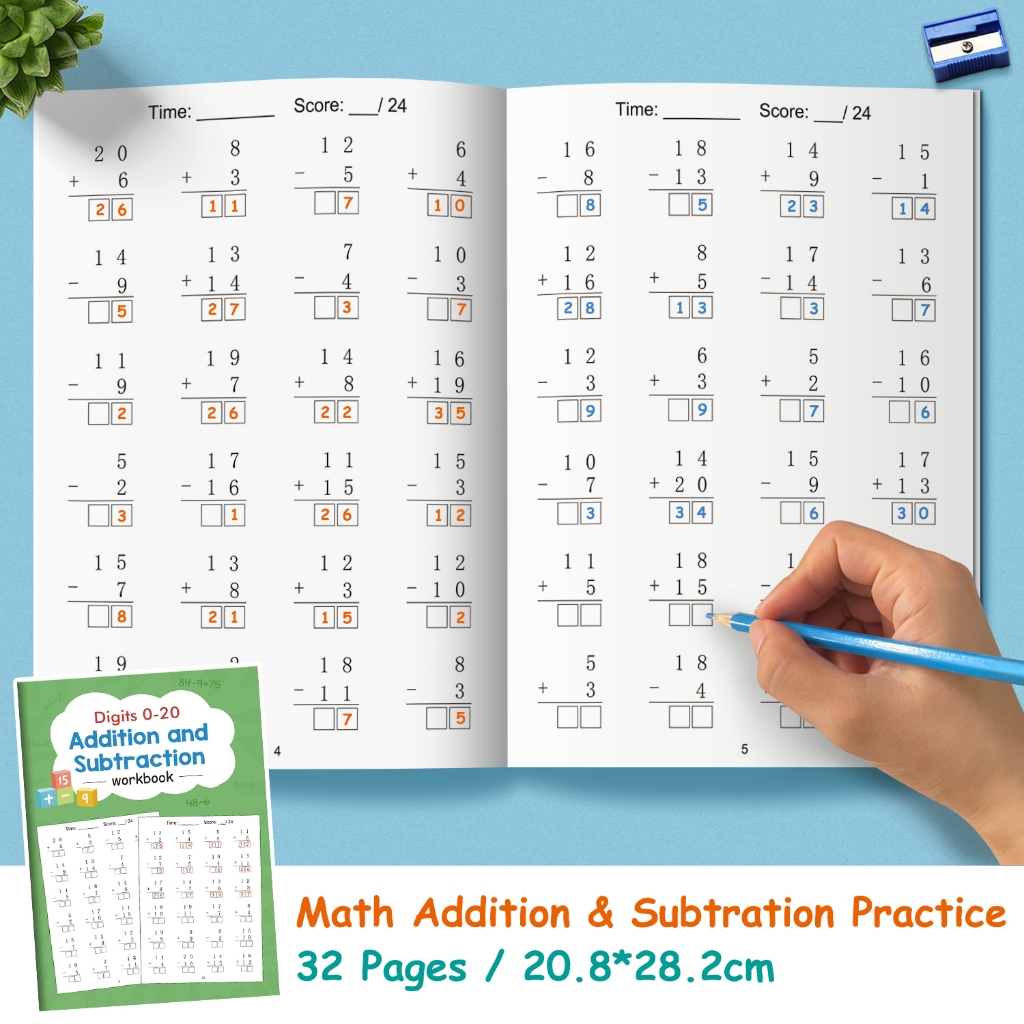 32 Pages Digit 0-20 Addition and Subtraction Math Workbook for Kids Mathematical Arithmetic Practice Book Homework