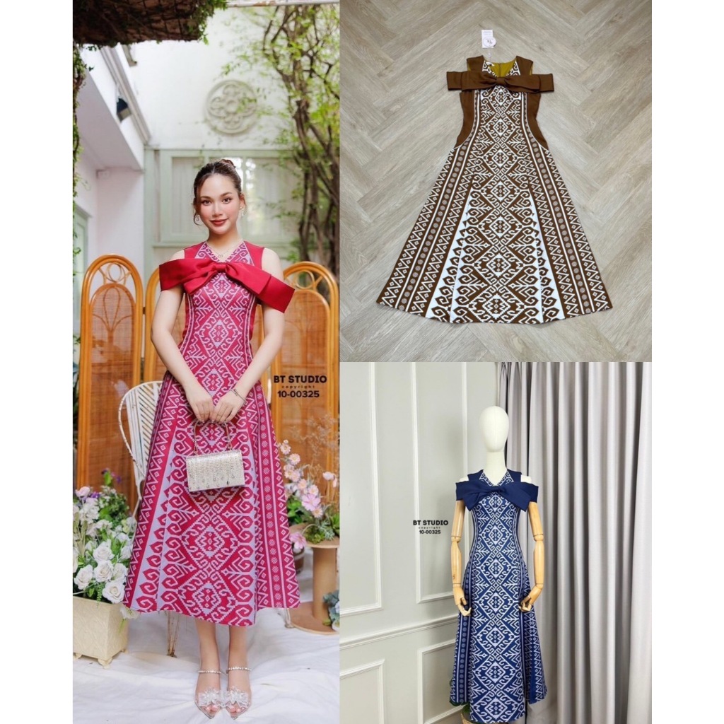 BT 10-00325 ชุดเดรสยาวดีเทลแขนกุดกระโปรงยาว งานพิมพ์ลายไทยประยุกต์ แต่งโบว์ใหญ่ติดกลางอก มีซับในและซิปหลัง