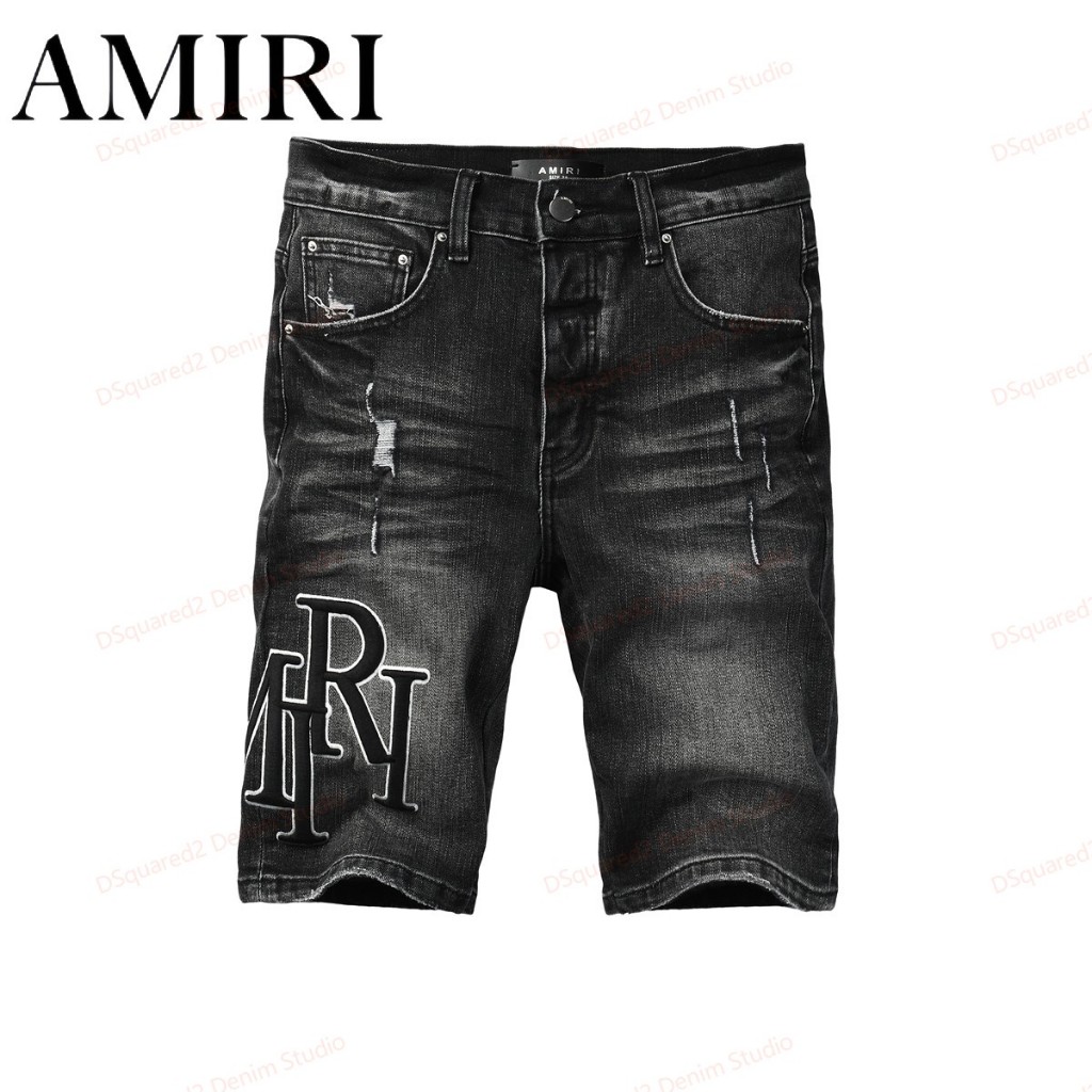 Amiri กางเกงขาสั้นยีนส์สีดำคลาสสิกสำหรับผู้ชาย กางเกงขาสั้นขาดปักตัวอักษร 6004