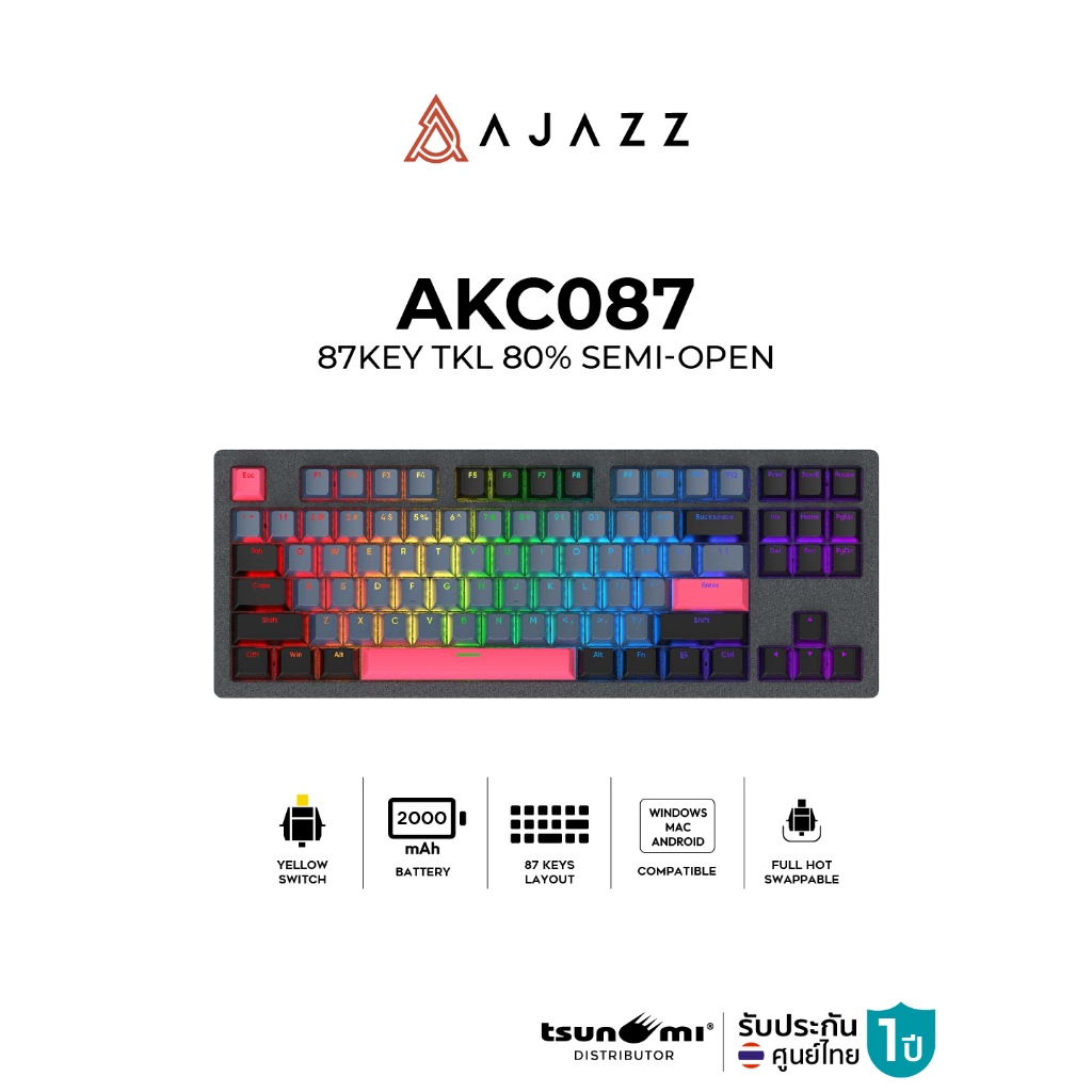 คีย์บอร์ดเกมมิ่ง Ajazz AKC087 87Key TKL Steel-Stacked Body Frame Yellow Switch Mechanical Keyboard ร