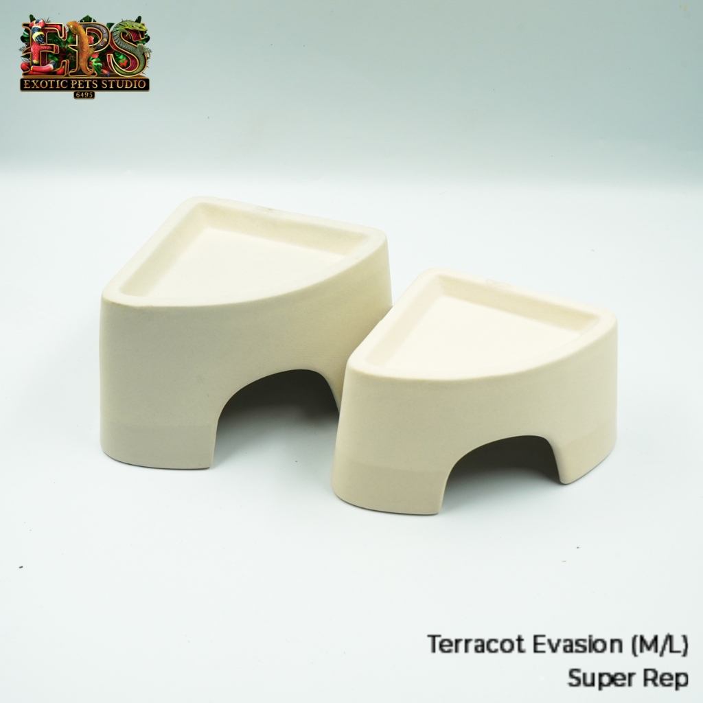 Terracot Evasion ถ้ำมุมกระเบื้อง ถ้ำเข้ามุม ถ้ำพร้อมที่ใส่น้ำและอาหารด้านบน ถ้ำเซรามิกตกแต่งตู้สัตว์เลี้ยงมี2 ขนาด MและL