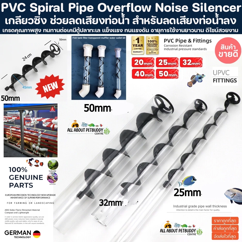 PVC Spiral Pipe Overflow Noise Silencer ตัวช่วยลดเสียงในท่อน้ำ สำหรับใส่ในท่อน้ำลง ยืดหยุ่นสุง ปรับให้งอตามท่อได้ ท่อปลา