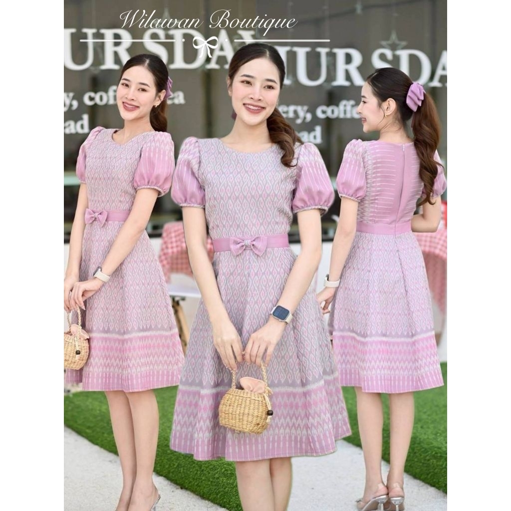 เดรสผ้าทอชมพู 🩷🩷 ลายขอ แขนเจ้าหญิง อัดกาวทั้งชุด ทรงสวยเข้ารูป ผ้าไม่ยึด ตัดพอดีไซส์แป๊ะ   (ใส่ไปงานแต่งก็สวย)