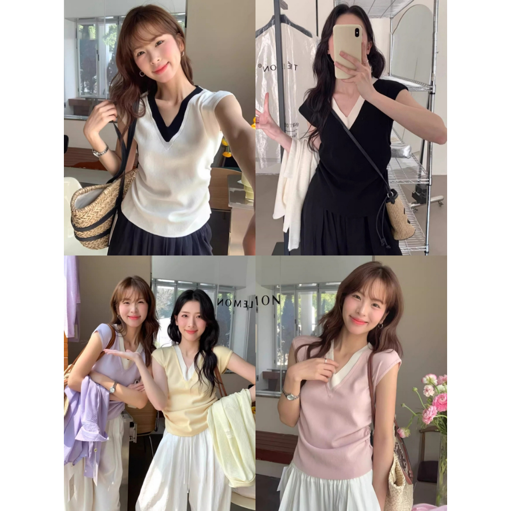 เสื้อยืดผู้หญิง เสื้อยืดแขนกุด สไตล์เกาหลี สลับสี เอวมีจับจีบ ทรงสวย #22388