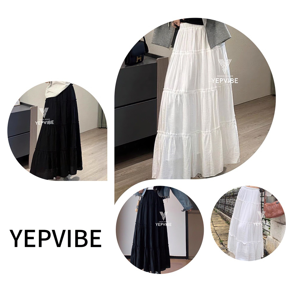 พร้อมส่ง กระโปรงยาว เอวสม็อค ทรงเลเยอร์ สไตล์เกาหลี เก๋ๆ ผ้าชีฟองบางๆ ใส่สบายมาก (มีซับใน) ทรงน่ารักมาก