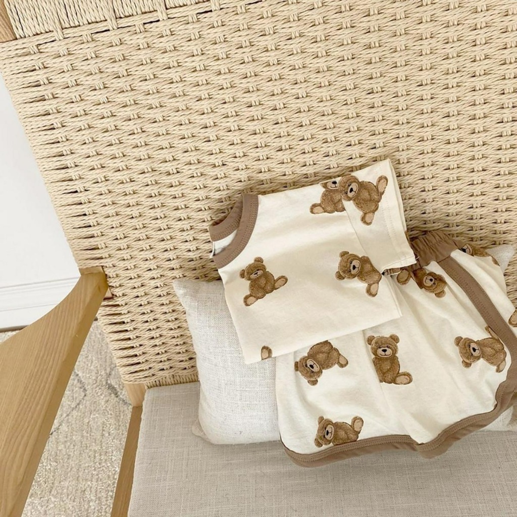 summer_baby 159 (สินค้าพร้อมส่งจากไทย) 👶🧸 ชุดเสื้อกางเกงขาสั้นลายหมีน้อยสุดคิวท์ 🍯✨
