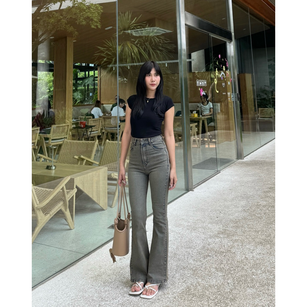 F0117 กางเกงขาม้าเอวสูง ผ้ายืด สีสนิมฟอก