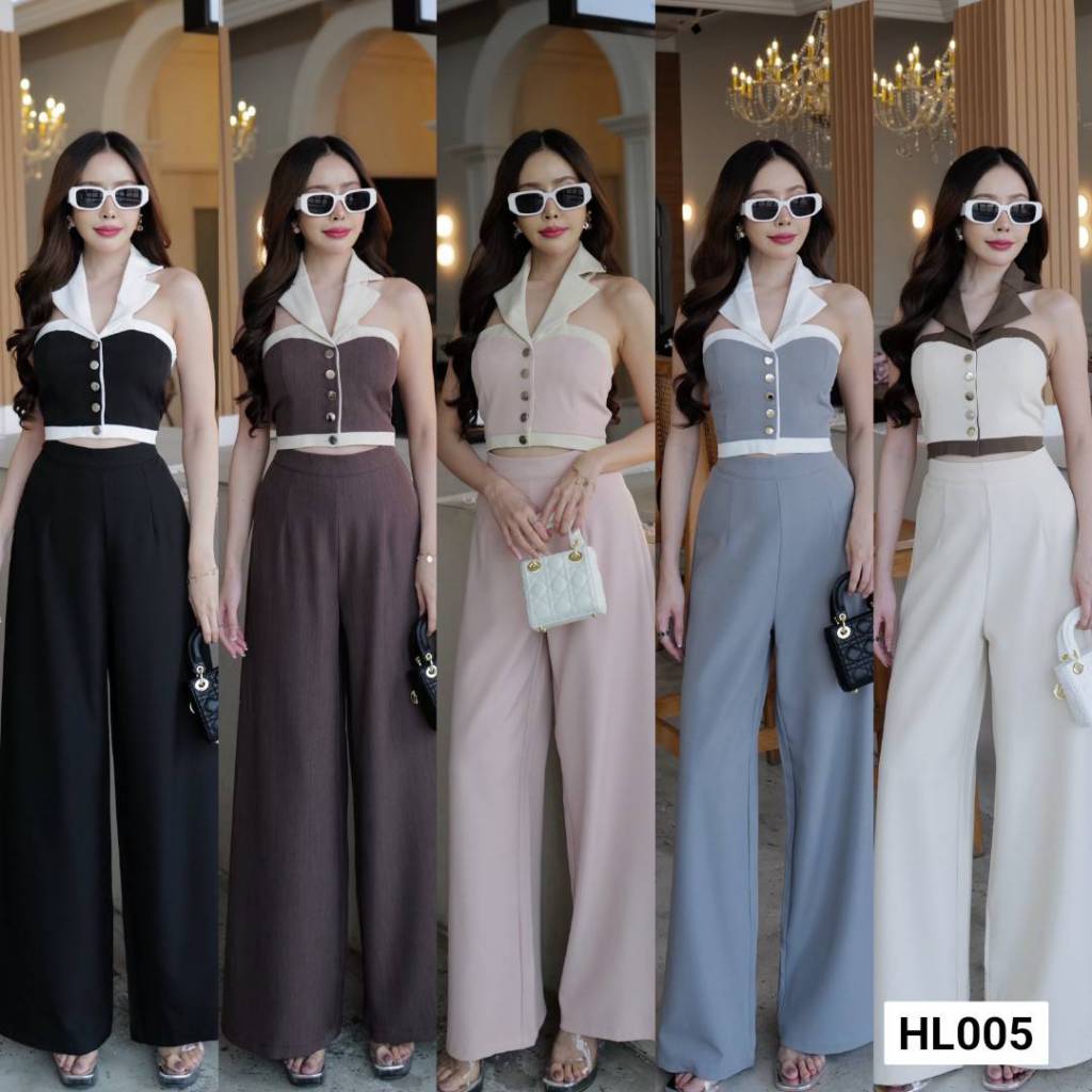 ชุดเซต เสื้อครอปคอปกกระดุมใช้ได้จริง+กางเกงขายาวชิปด้านหลัง ใส่ทำงาน ใส่เที่ยว ใ