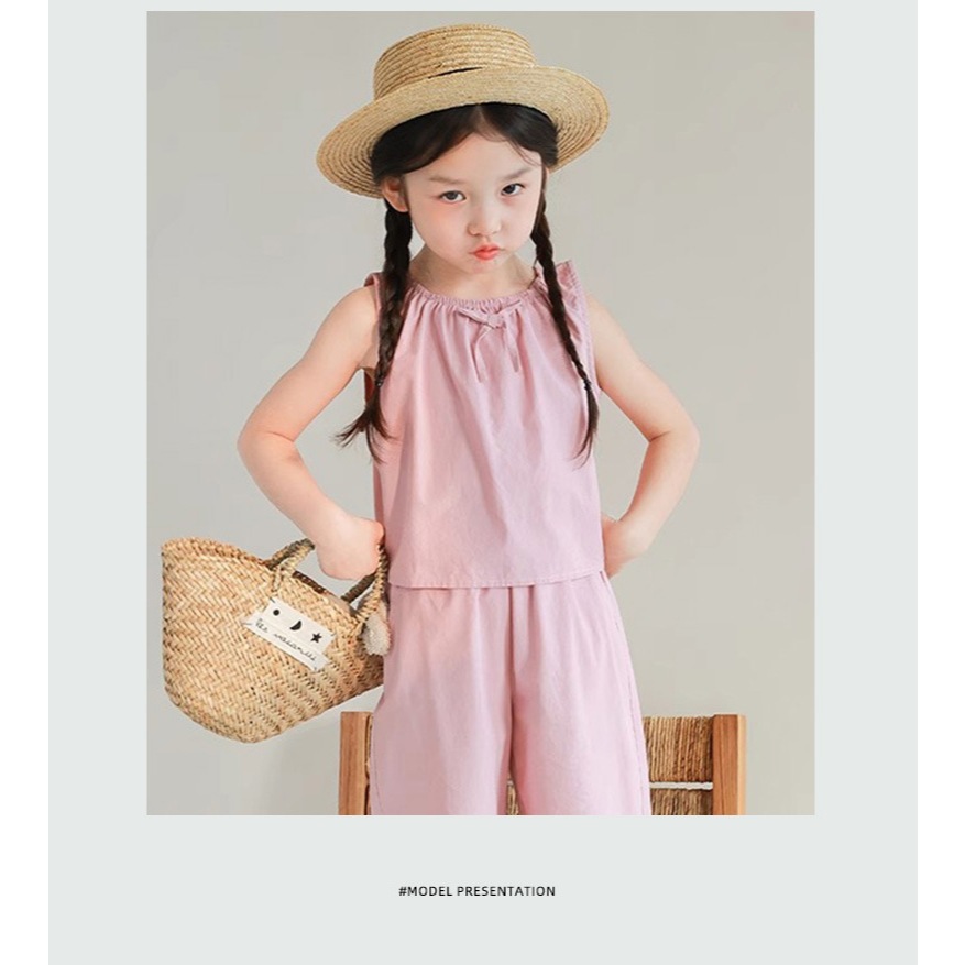 ชุดเด็กผู้หญิง ชุดเสื้อแขนกุด+กางเกงขายาว ขาจั๊ม สีพื้นๆ สไตล์น่ารัก ทรงหลวม - รูปที่ 5