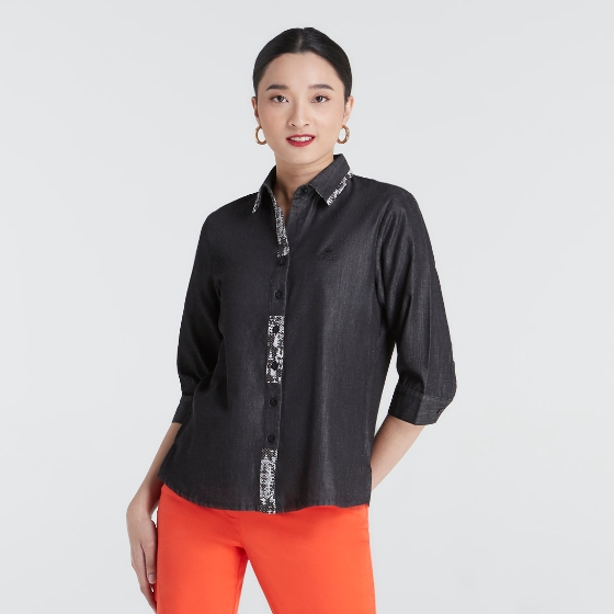 GSP เสื้อเชิ้ตคอตตอน แขนสี่ส่วน สีดำอมเทา PP32BL