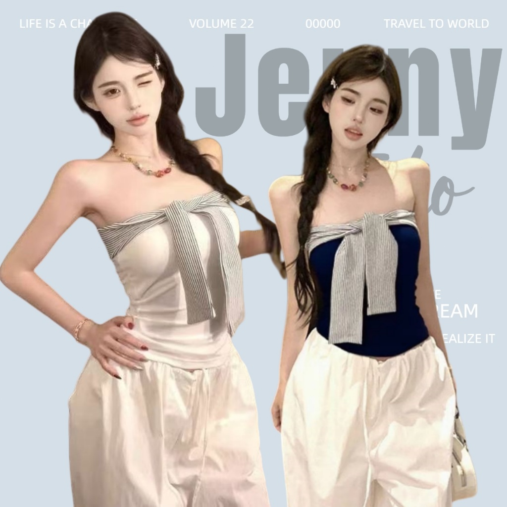 Jenny พร้อมส่ง☔️เสื้อเกาะอกผู้หญิง ดีไซน์เชื่อกผูกหน้าอกเสื้อครอปทรงรัดรูป  สีพื้น แขนกุด เซ็กซี่แฟชั่นY2K สไตล์อเมริกัน