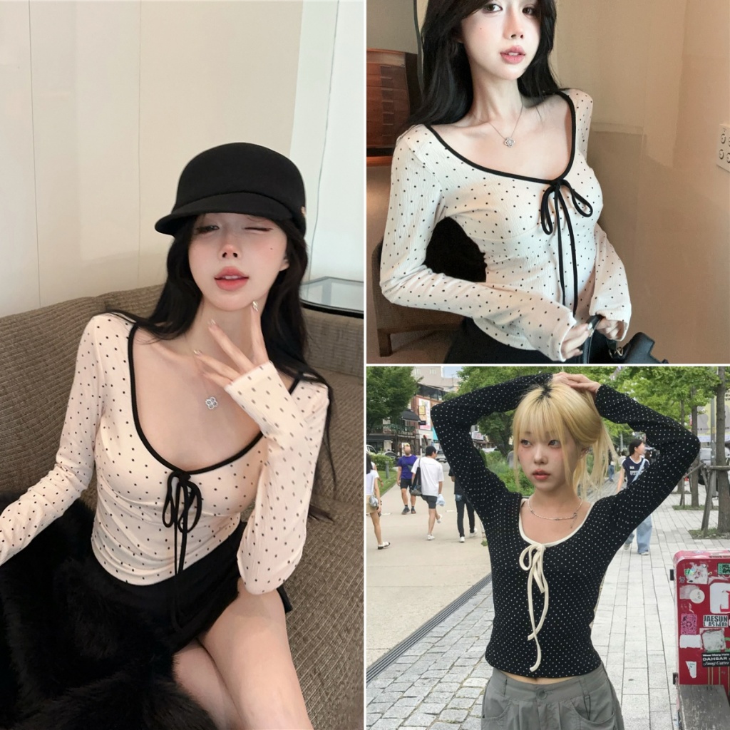 Hotgirl พร้อมส่ง เสื้อยืดแขนยาวผู้หญิง เสื้อยืดเข้ารูปทรงผู้หญิง ลายจุด สาวร้อนแรง หวานและเซ็กซี่ สไตล์เกาหลี