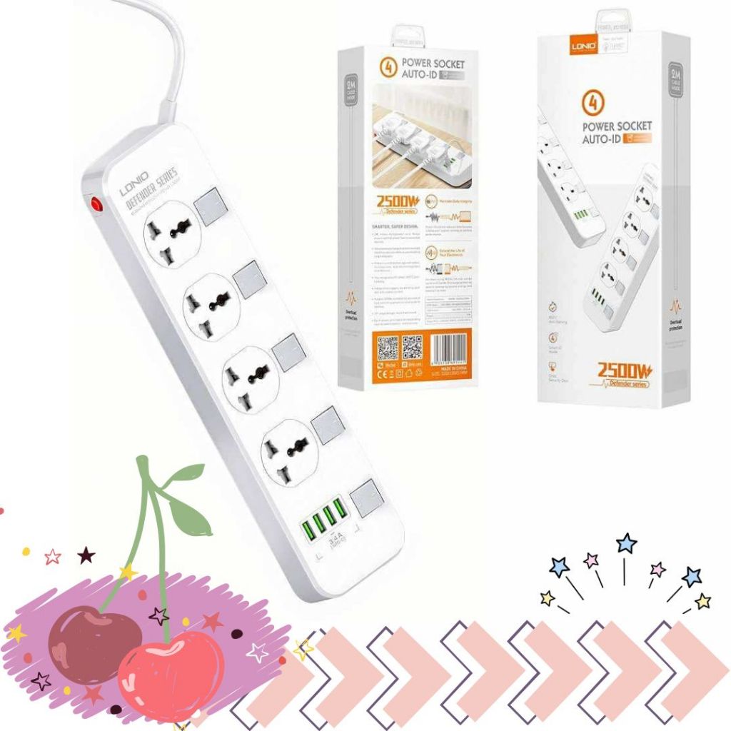 พร้อมส่งจากไทย LDNIO SC4408 ปลั๊กพ่วง 4 ช่อง 4 USB 3.4A Max universal outlet PowerStrip 2500W-10A(Ma