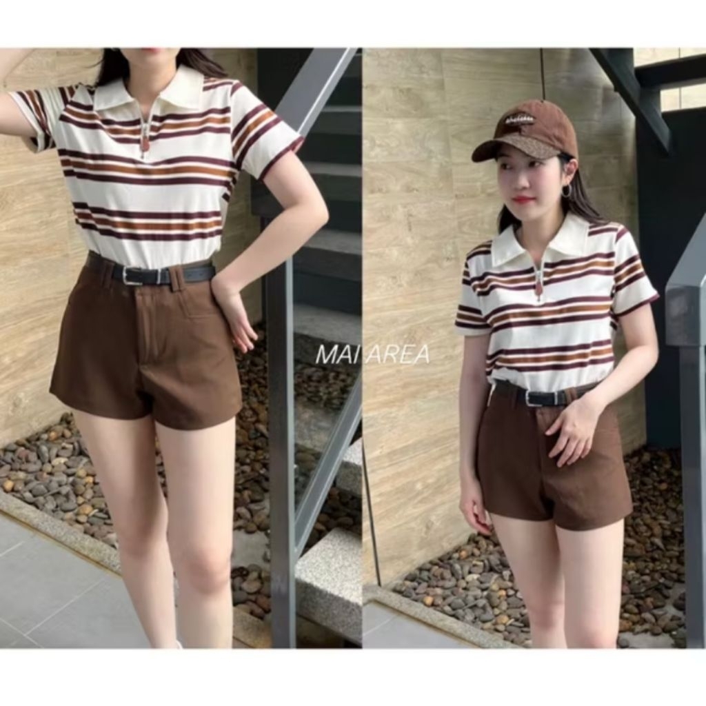 เสื้อโปโลแขนสั้น ทอลาย ลายทาง สีขาว Mai Area