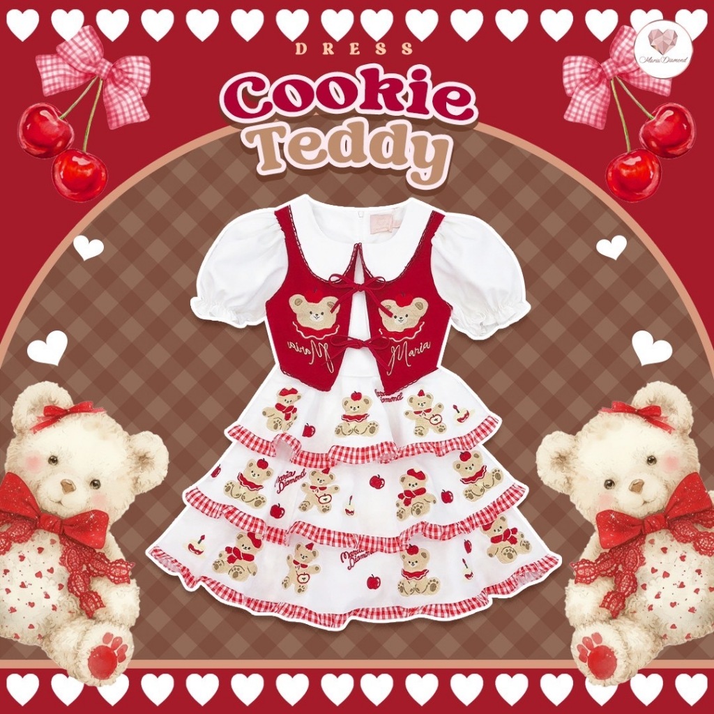 (มี3XL) Maria Diamon สีขาวแดง Cookie Teddy Dress เดรสผ้าเปเป้งานปักทั้งชุด ดีเทลเอี๊ยมผูกโบว์หน้า คอบัว ซิปหลัง มีซับใน
