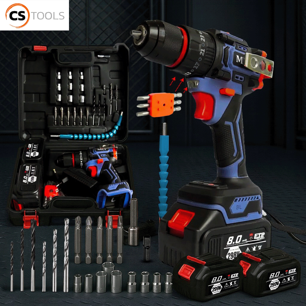 MILY สว่านไร้สาย 298V 3ระบบ มอเตอร์บัสเลส แบตเตอรี่ใหญ่ 2 ก้อน มีระบบกระแทก รุ่นใหม่ล่าสุด พร้อม ดอกสว่าน และ อุปกรณ์ เค