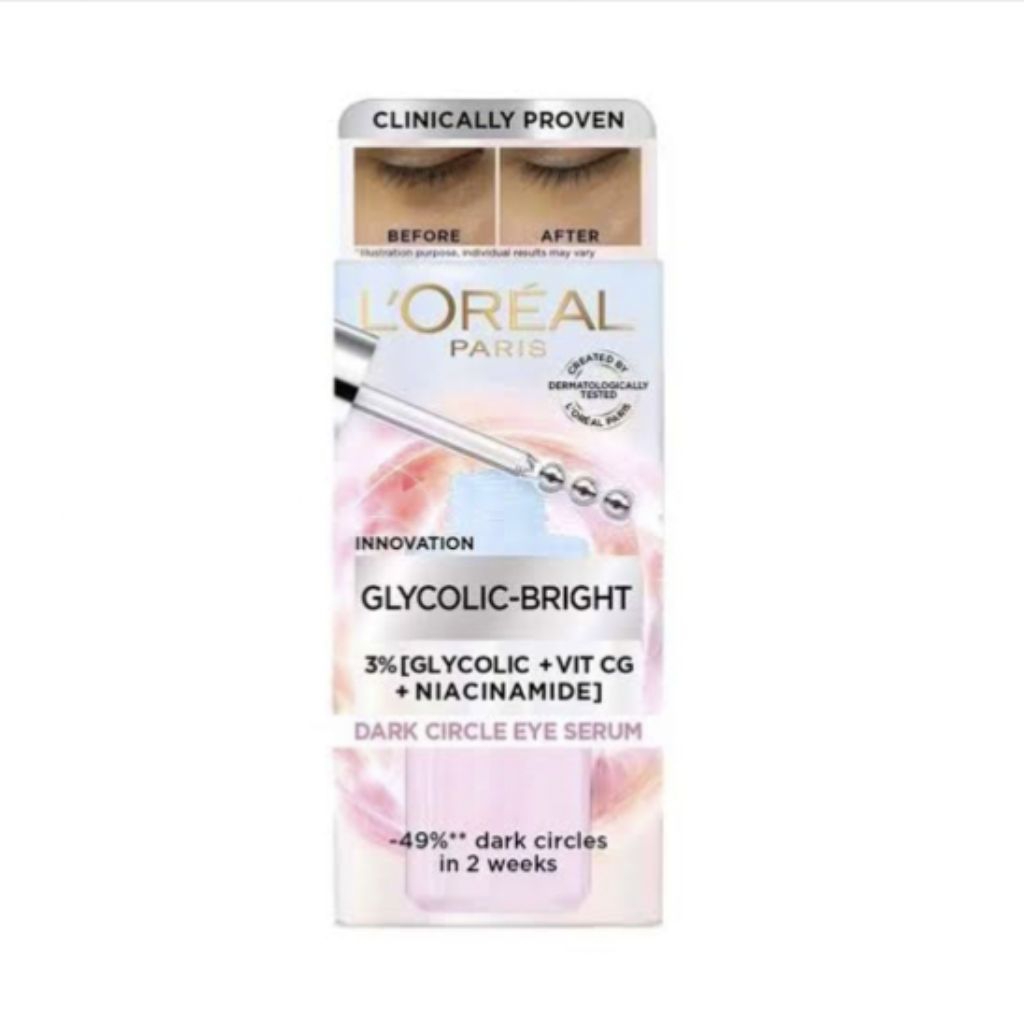 ✨L'Oréal Paris Glycolic-Bright Dark Circle Eye Serum 20ml.ลอรีอัล ปารีส ไกลโคลิค-ไบรท์ ดาร์ก เซอเคิล