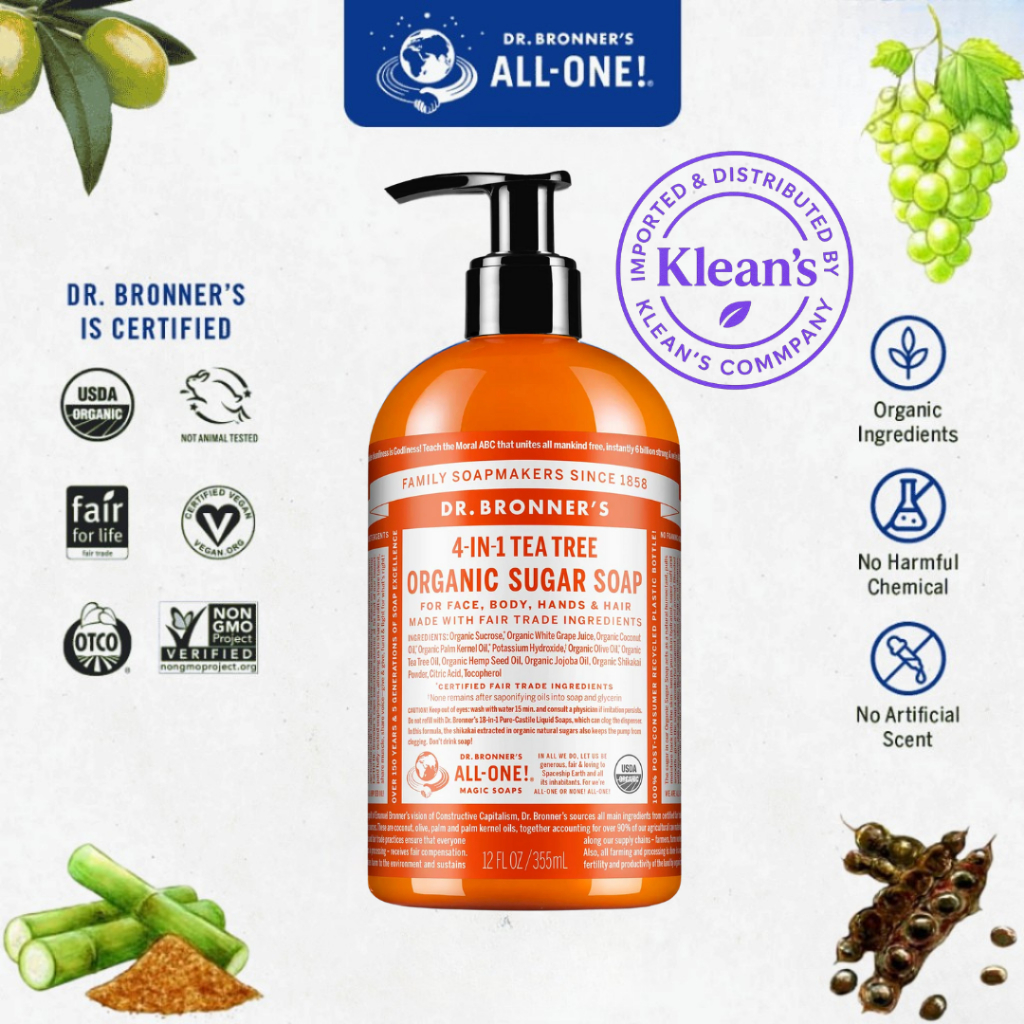 Dr. Bronner’s Organic Sugar Soap Tea Tree สบู่น้ำตาลออร์แกนิก ลดสิวที่หน้าสิวที่หลัง สระผม ล้างหน้า