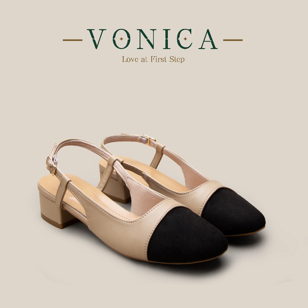 VONICA รองเท้าแตะส้นสูง สีคาคี แฟชั่นเกาหลี ใส่ทำงานหรือไปเที่ยว ทรงดอลล์น่ารัก