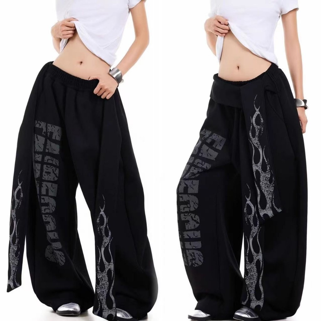 กางเกงวอร์มลำลองริบบิ้นเปลวไฟสไตล์ย้อนยุคอเมริกันสำหรับผู้หญิงคู่รักแนวสตรีท กางเกงขายาวทรงตรงหลวมๆ