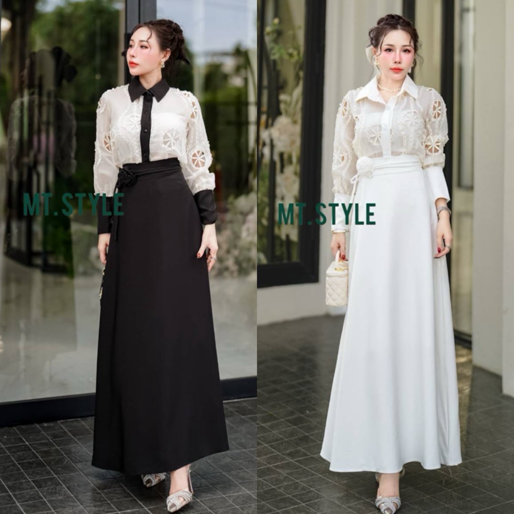 [M-3XL]ชุดเซทเสื้อแขนยาวผ้าฉลุกางเกงกระโปรงขายาว