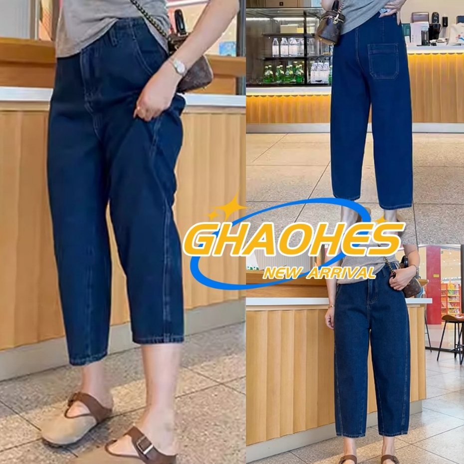 GHAOHES  กางเกงยีนส์ยืด 9 ส่วน เอวสูงสไตล์วินเทจ ดูผอมสำหรับสาวไซส์ใหญ่ V125