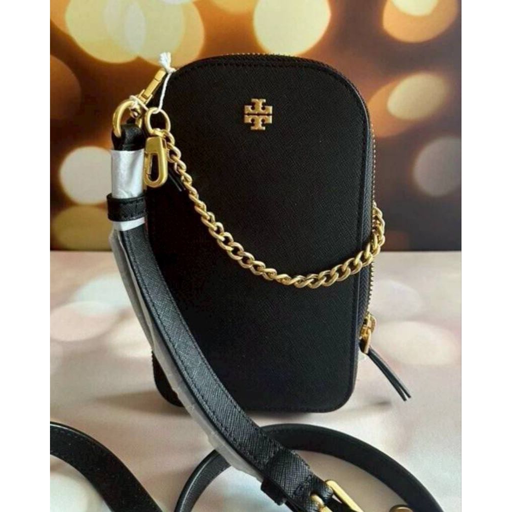 T0ry Burch Emerson Black Leather Phone Crossbody Bag

