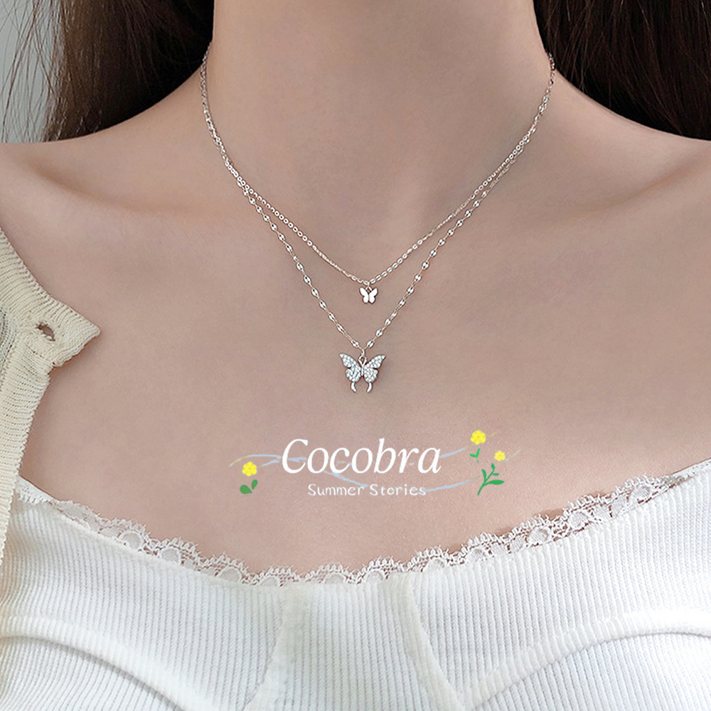 🌸พร้อ​มส่ง🌸สร้อยคอผีเสื้อสองชั้น ประดับเพชร สร้อยเงิน จี้ผีเสื้อ เครื่องประดับแฟชั่น สไตล์เกาหลี