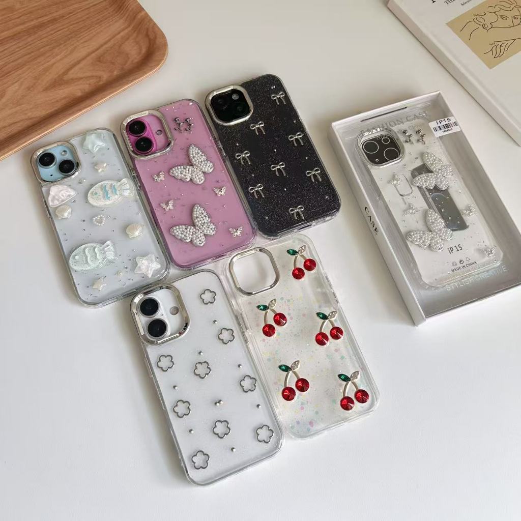 เคสนิ่ม เคสใสลายโบว์เงิน งานกล่อง สำหรับไอโฟนi11 promax 12 promax 13 promax 14plus 14 promax 15 promax 16promax 16plus