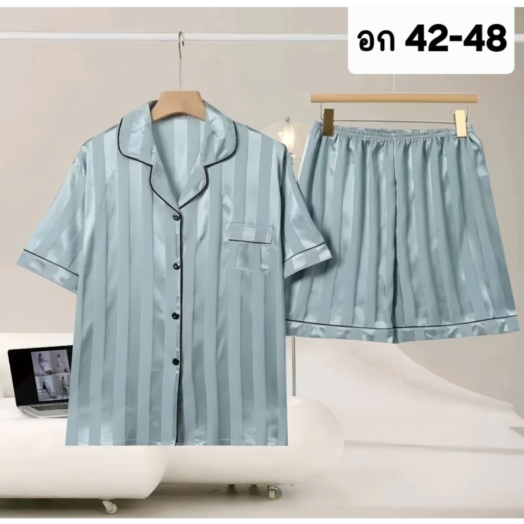 ชุดนอน ผ้าซาติน อก 42-48-50 ลายริ้วใหญ่ งานพรีเมียม เนื้อผ้านิ่ม ไม่แข็ง