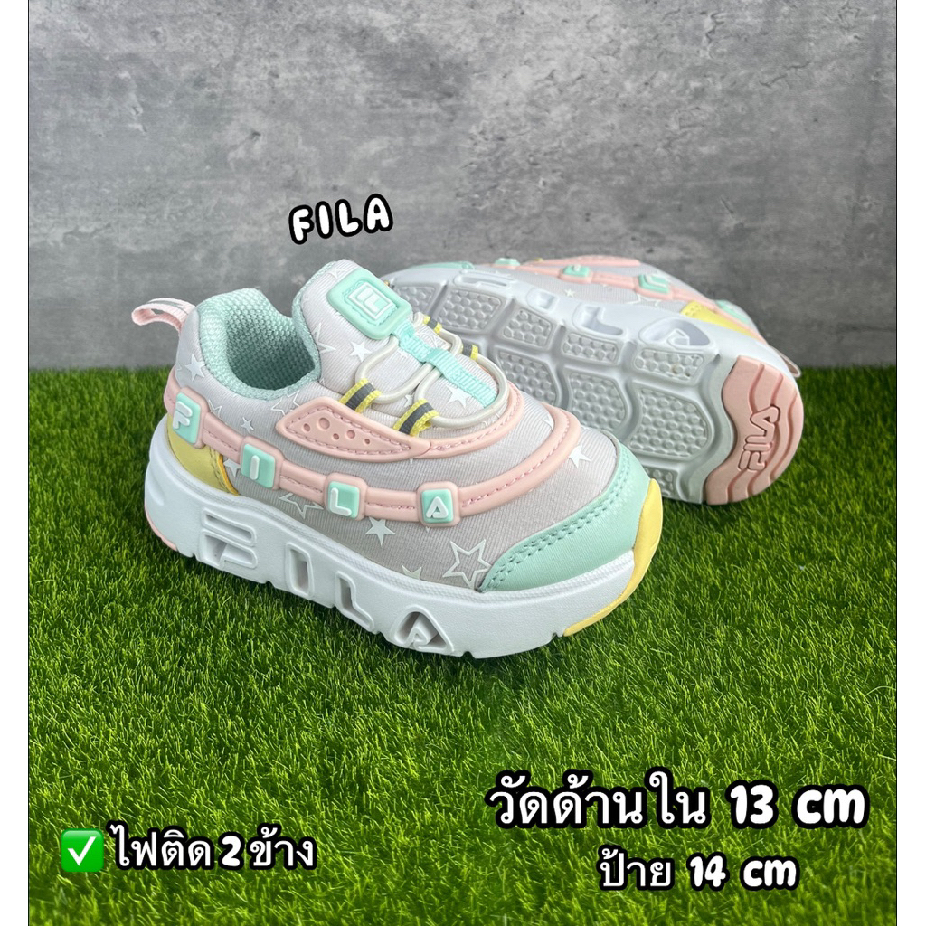 รองเท้าเด็กมือสองสภาพดี มือ 2 สลิปออนนุ่ม เบา สีพาสเทล มีไฟ FILA 13 cm